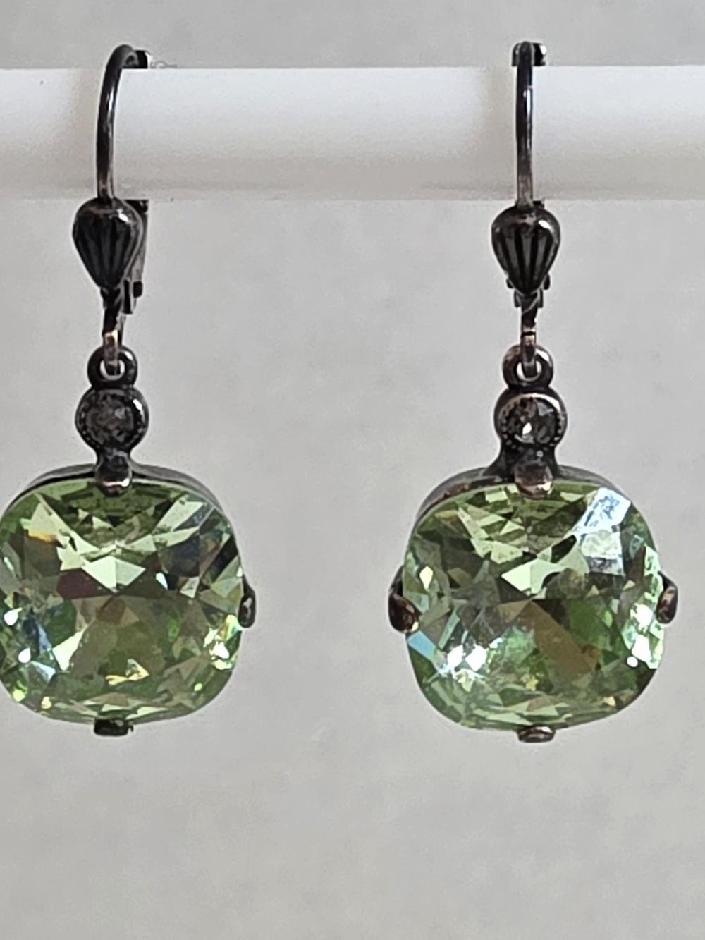 Catherine Popesco Green Crystal Cushion Cut Dangle Leverback Earrings